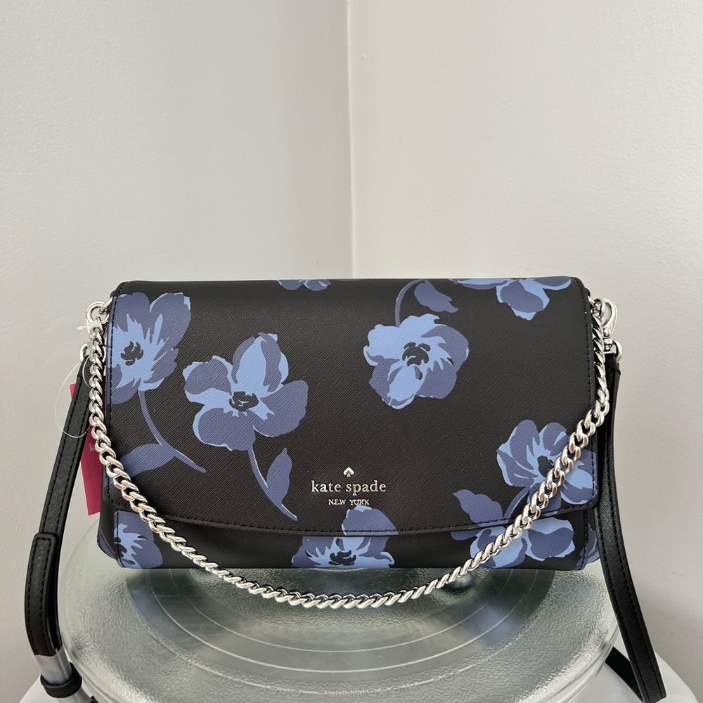 NEW Kate Spade Laurel Way Tossed Poppies Prin Shoulder Crossbody Bag Black Blue
